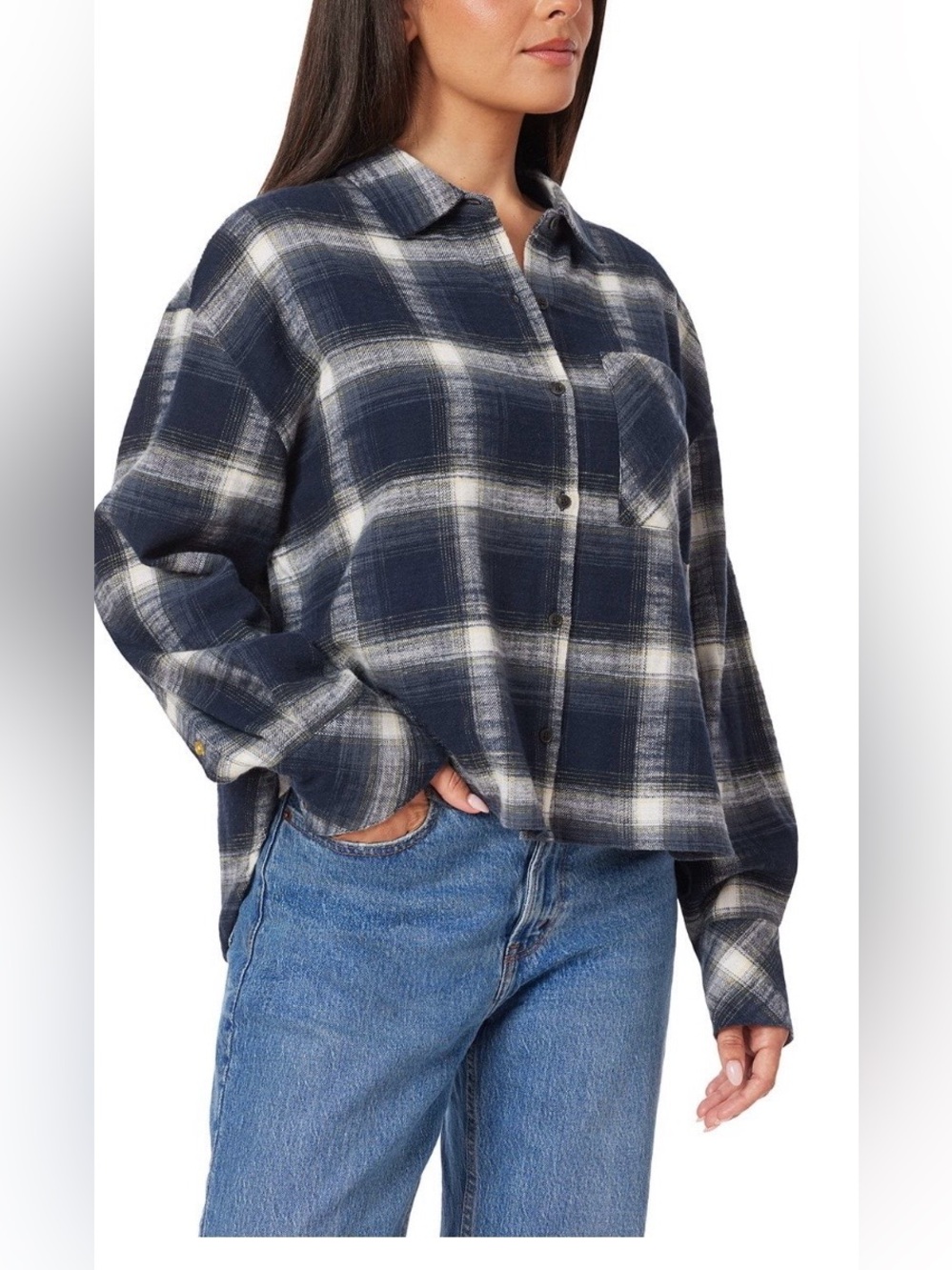 Scotch & Soda cropped Navy and White Plaid flannel button down shirt
